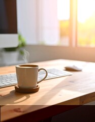 Sunny workspace with coffee