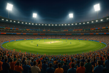 Naklejka premium Cricket Stadium Packed with Fans Under Floodlights