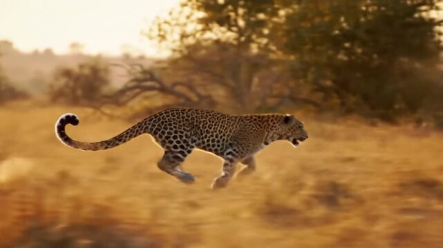 Powerful leopard sprints across sunlit savanna with blurred motion