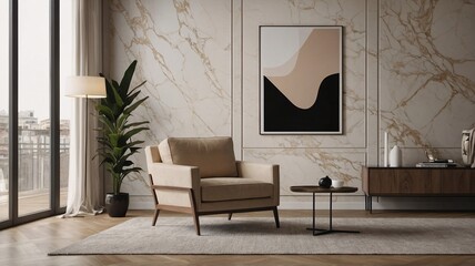 Modern living space featuring a beige armchair, stylish decor, and a tranquil atmosphere.
