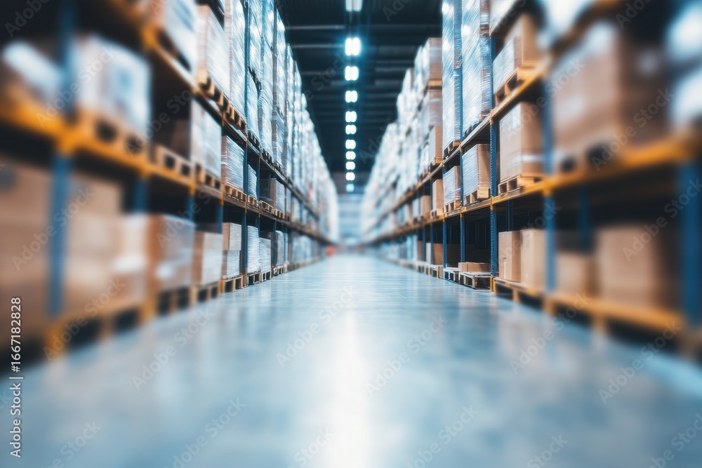 Poster blurred image of a warehouse shelf filled with products in a big box retail setting