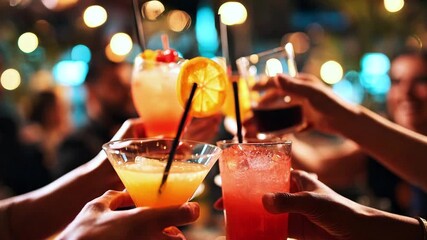 A cheerful group of friends enjoying cold cocktails in a night club. Party with alcoholic drinks. Spending time together on the weekend, young people celebrating and having fun - Powered by Adobe