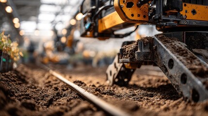 Dynamic medium shot of soil processing robot integrating various soil types with clear focus on the mixing mechanism and softly blurred conveyor belts in the background.