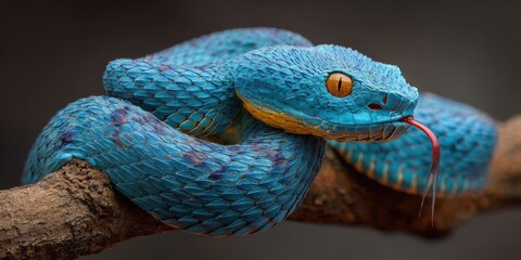 Fototapeta premium Close-Up of Blue Pit Viper Resting on Branch with Tongue Out