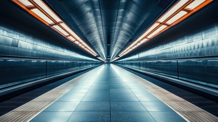 Urban Underground Subway Corridor: Expansive Hallway with Escalators and Abstract Perspective