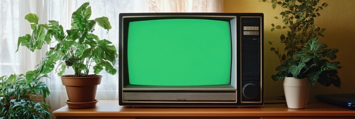 Retro Antique Television with Green Screen from the 1980s-2000s, Accompanied by VCR in Vintage Wallpaper Setting