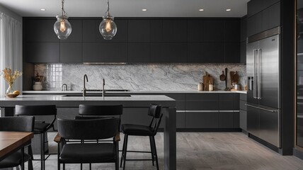 Modern kitchen featuring sleek black cabinetry and elegant marble accents, perfect for contemporary living.