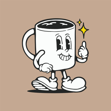 mascot coffee cup illustration, cup mascot retro
