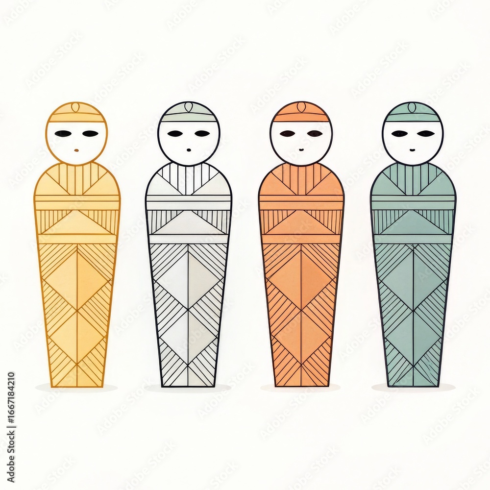 Aufkleber four stylized figures in different colors with geometric patterns on a white background art design