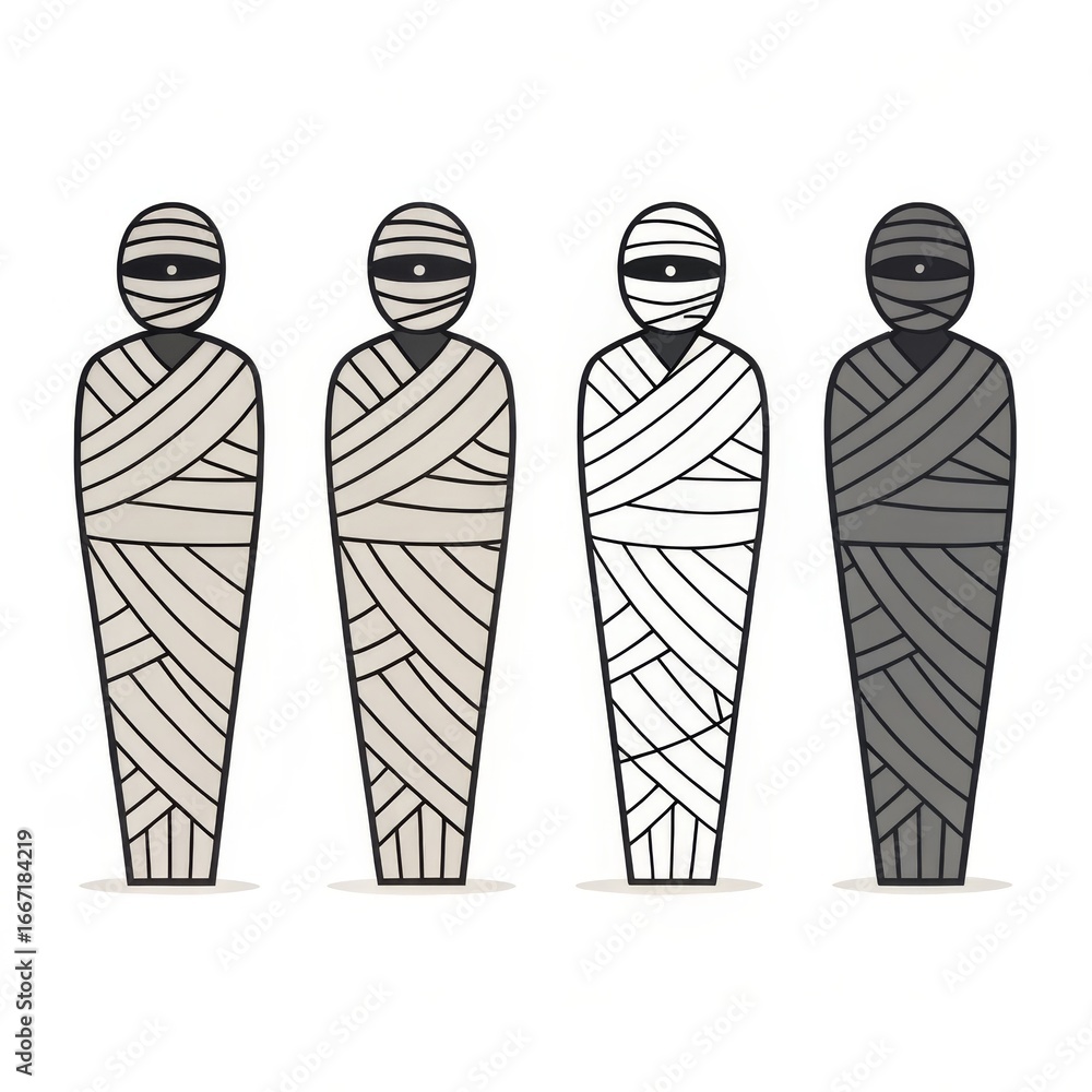 Aufkleber a row of four cartoon mummies with different color schemes standing side by side on a white backgrou