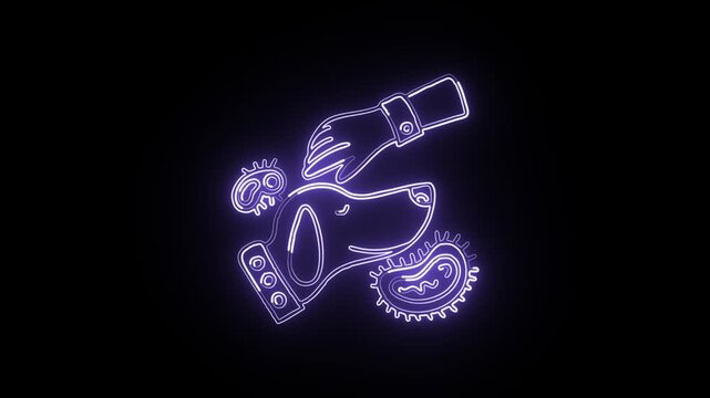 Glowing neon line dog with tail wagging animation. Pet animal icon HD video isolated on black background.