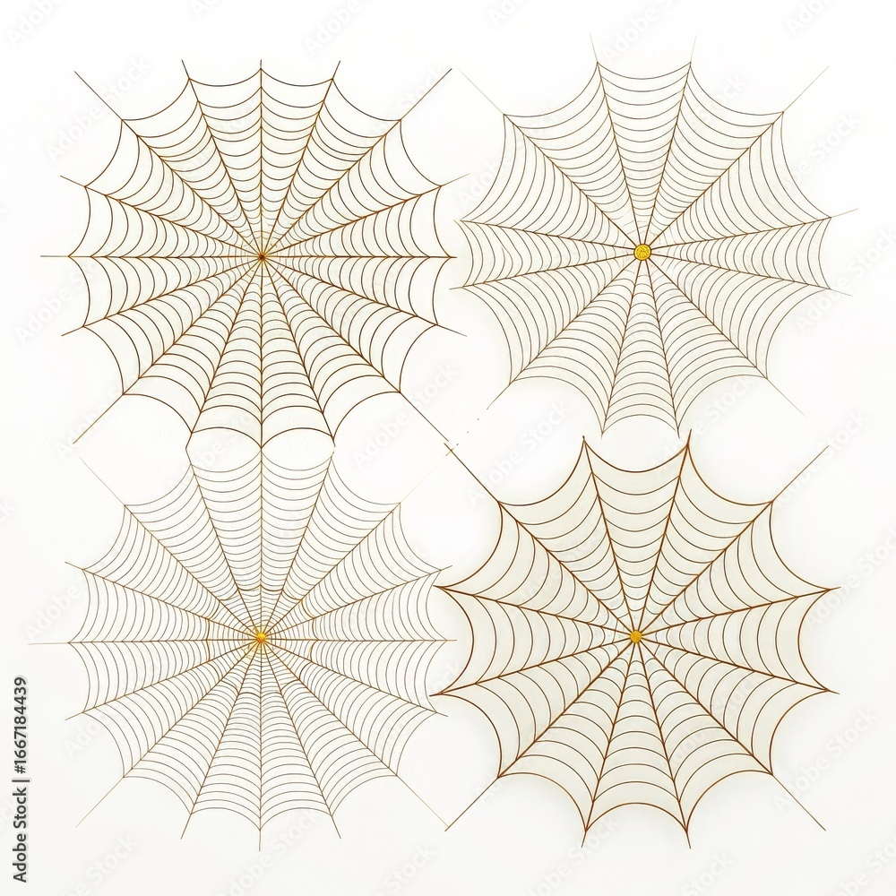 Poster four spiderwebs arranged in a square pattern against a white background with yellow centers