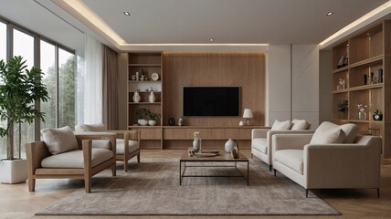 Fototapeta premium Modern bright living room featuring beige furniture and natural wood accents in a cozy, minimalist design.