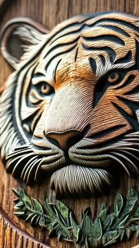 A close-up view of a tiger's head carved into a wooden plaque