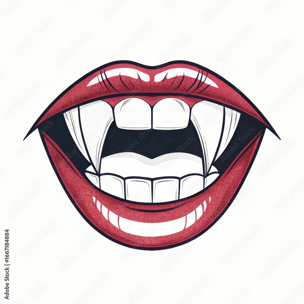Poster Illustration of open mouth with red lips and sharp vampire fangs on a white background
