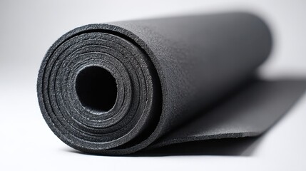 A 4K photo of black yoga mat is rolled up and laying on a white background.
