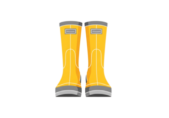 Bright yellow rain boots, styled as a simple, flat illustration, are shown in a pair, against a black background.