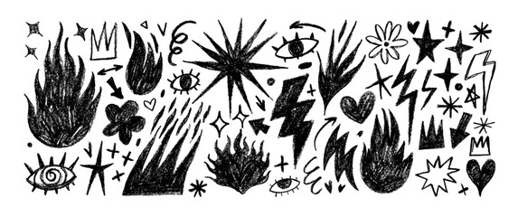 Crayon drawn fire flames, stars and eye icons collection. Punk tattoo stickers. Punk or rock style crayon drawn shapes. Graphic vector illustrations for collages. Y2k graffiti shapes.