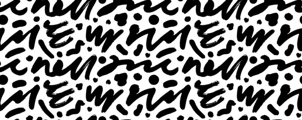 Playful graphic seamless pattern with squiggles and dots. Brush drawn wavy lines, swirls and squiggles. Trendy texture design background. Simple childish scribble pattern. Hand drawn organic bg.