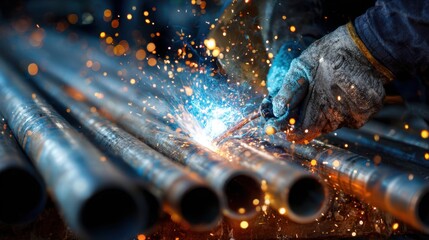 Skilled tradesperson tightening vibrant plumbing pipes medium shot emphasizing precise hand movements welding sparks slightly blurred in the background.