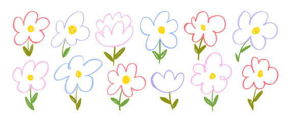 Colorful crayon drawn funky chamomile flowers collection. Hand drawn kid chalk or pencil daisies.