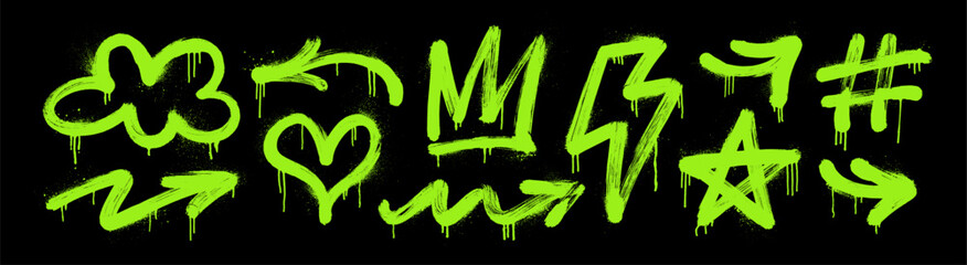 Neon acid graffiti spray paint icons set with drips and splatters. Urban street art grafitti elements. Underground hip-hop signs with dirty aesthetic. Set of symbols, heart, crown, lightning, arrow. © Anastasiia Hevko