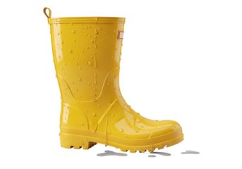 Bright yellow rain boots stand out against a black background, showcasing water droplets and a puddle.