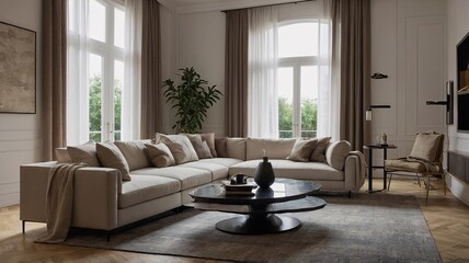 Fototapeta premium A stylish modern living room featuring a cozy sectional sofa, large windows, and chic decor in neutral tones.