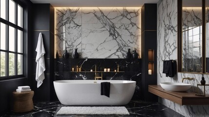 Modern luxurious bathroom featuring a freestanding bathtub, elegant marble walls, and ambient lighting.