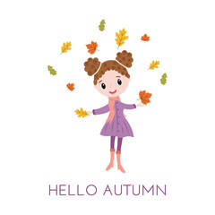 Autumn card with pretty young girl - women in fall clothing holding leaves in flat style. Vector illustration of character for banners, cards, social media