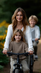 Obraz premium Mother and Daughter Riding Bikes on a Peaceful Country Path, Surrounded by Trees and Fields