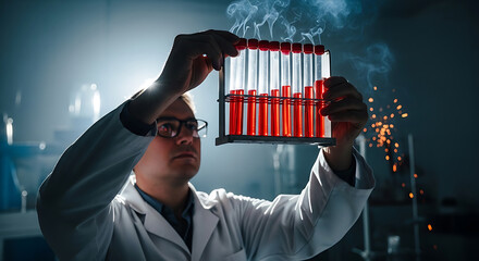 Scientist examining glowing red liquid in test tubes in a laboratory with smoke and sparks research