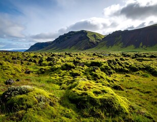 Lush moss-covered volcanic landscape under a partly cloudy sky