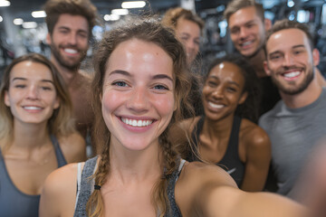 Obraz premium Multiracial group of happy athlete taking selfie in ym and looking at camera.