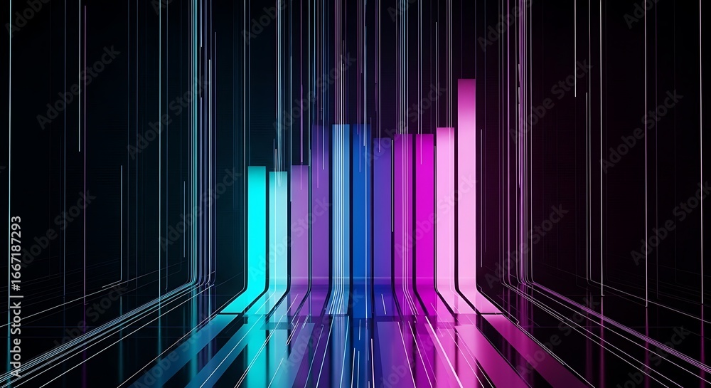 Aufkleber illustration of colorful neon bars rise and fall, creating a dynamic data visualization on a dark gr