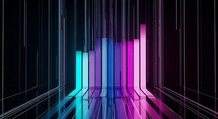 Illustration of colorful neon bars rise and fall, creating a dynamic data visualization on a dark grid