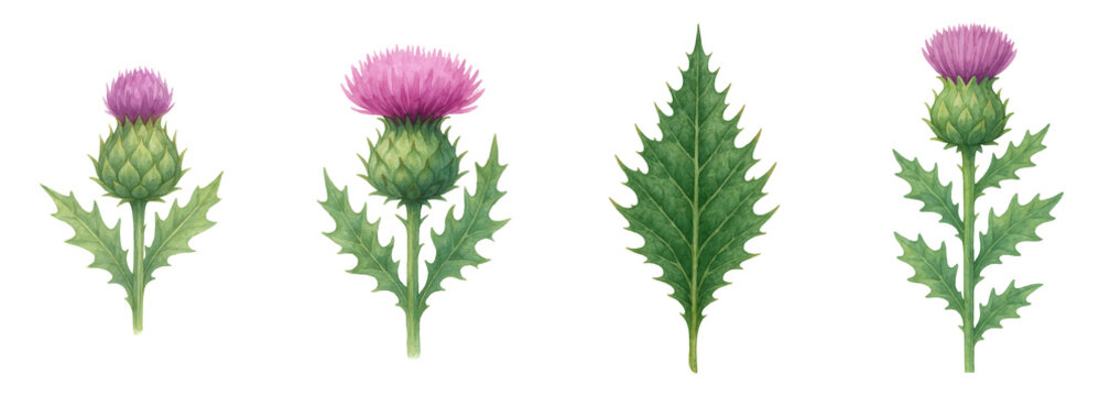 Thistle flower and leaf watercolor clipart perfect for St. Andrew Day design and decoration with natural green and purple colors