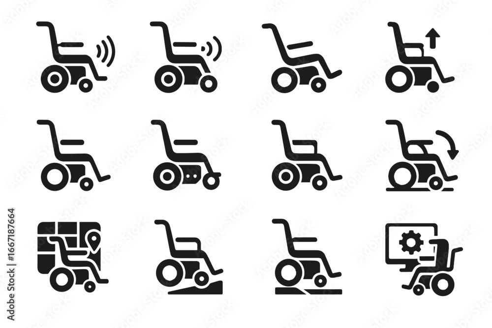 Poster elevation icon footrest obstacle wheelchair mapping vector system adjustable balance assist smart