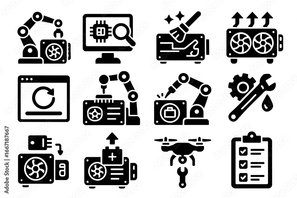 Poster calibration ai icon station welding robotic tool part miner update maintenance vector
