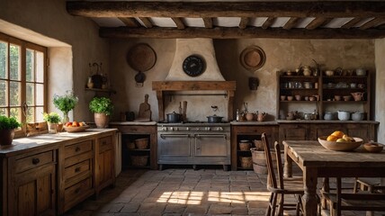 Warm rustic kitchen featuring wooden cabinets, earthy tones, and fresh produce, perfect for a cozy cooking atmosphere.