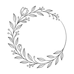 Okrągła ramka z motywem botanicznym, listkami i kwiatami. Wzór na karty, voucher, życzenia i zaproszenia ślubne.