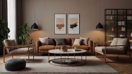 A cozy living room featuring modern furniture with earthy tones and stylish decor. Ideal for relaxation and comfort.