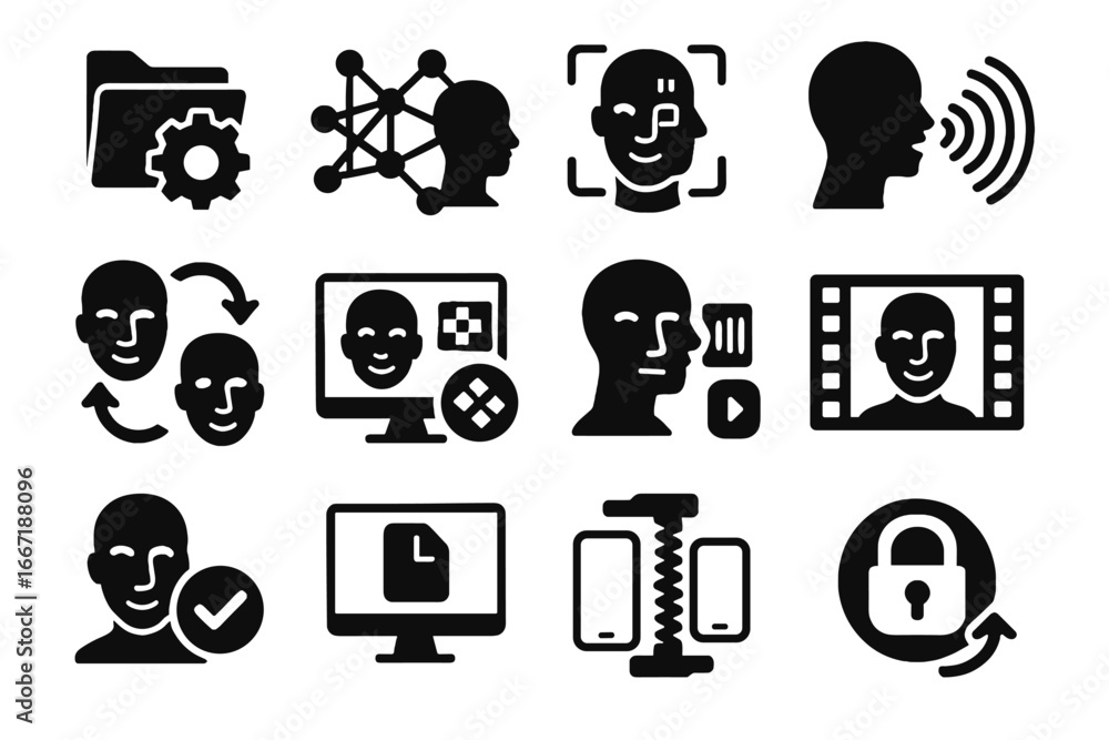 Poster training icon sharing face vector model voice icons synthesis encryption deepfake process