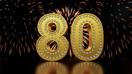 Shiny golden 80 anniversary number with sparkling fireworks in background, festive celebration design for jubilee and birthday	