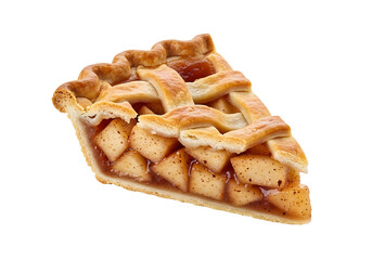 A close-up, isolated slice of warm, delectable  pie, showcasing its flaky, golden-brown crust and filling of spiced apples.