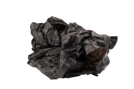 Crumpled garbage bag on white background