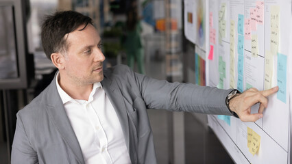 Focused professional man brainstorming, standing in front of large planning board filled with...