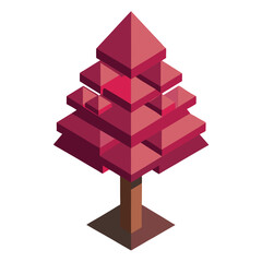 Isometric Low Poly Red Tree Design with Geometric Shapes on White Background