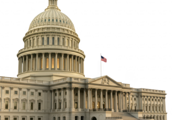 The united states capitol building with dome and flag isolated on transparent background
