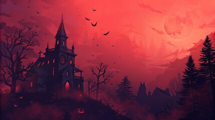 A spooky church with pumpkins and bats flying under a red sky on halloween night landscape art